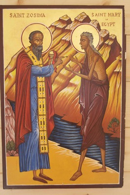 A hand-done icon of Elder Zosima giving communion to Mary of Egypt, after she walked over the River Jordan